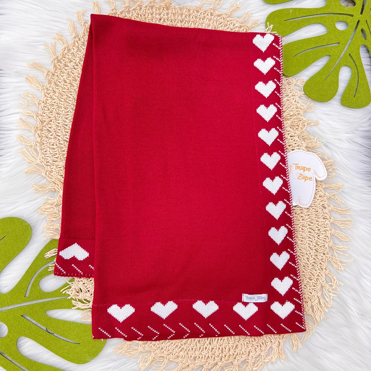 Manta de linha coração branco -vermelha